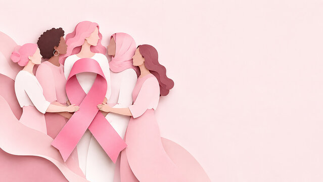 Diverse women holding pink breast cancer awareness ribbon in 3D papercut style with copy space
