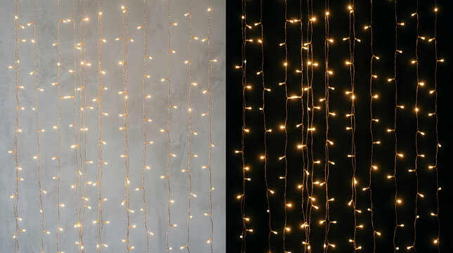 Hanging String Lights Comparison: A dual-panel image showcasing strings of warm, glowing LED fairy lights against a textured concrete wall on the left and a dark background on the right.