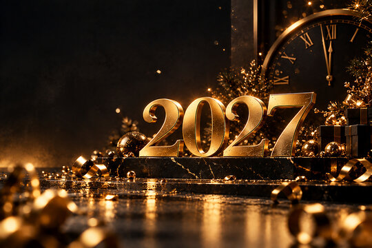 Elegant Golden 2027 New Year Celebration with Fireworks and City Lights