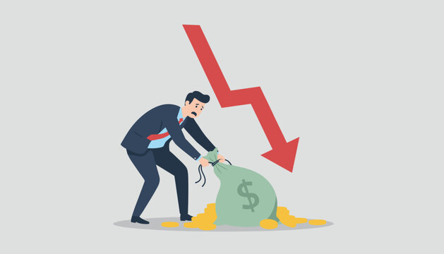 Sad businessman in a suit crying while holding a money bag next to a stack of coins and a large red arrow pointing down.