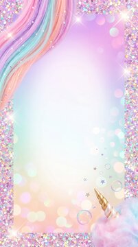 Magical unicorn background featuring colorful pastel hair, a golden horn, cotton candy, bubbles, and glitter on a rainbow gradient
