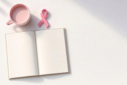 Pink breast cancer awareness ribbon, blank notebook and coffee cup on white desk with copy space