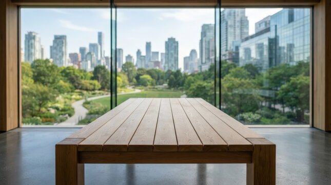 A sleek empty wooden tabletop mockup showcases soft natural lighting against a blurred urban park bokeh background, ideal for product advertising and creative montage presentations.