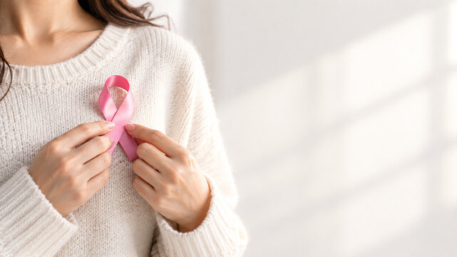 Faceless woman in white sweater holding pink breast cancer ribbon with copy space
