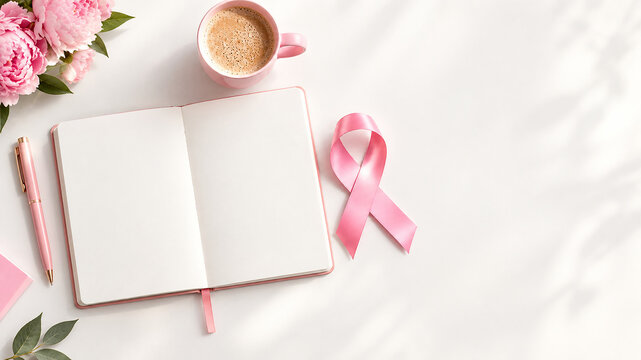 Pink breast cancer awareness ribbon, blank notebook and coffee cup on white desk with copy space