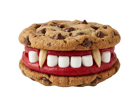 Funny chocolate chip cookie vampire monster mouth with marshmallows and red frosting for a halloween party isolated on transparent background