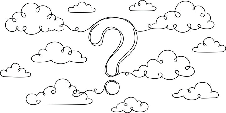 Continuous Line Art Vector of a Big Question Mark Symbol Surrounded by Fluffy Clouds for Concept of Confusion, Doubt, and Thinking