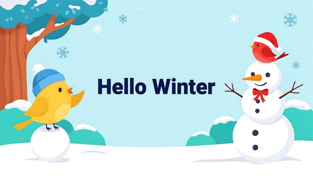 Hello winter cute seasonal banner with little bird in hat and snowman