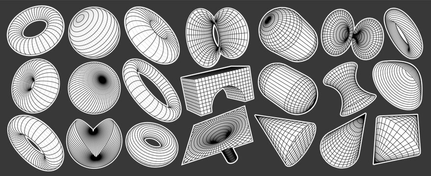 Abstract 3D wireframe geometric shapes grid mesh torus sphere cylinder mathematics tech cyber Y2K futuristic linear contour outline structure perspective elements graphic design sticker set