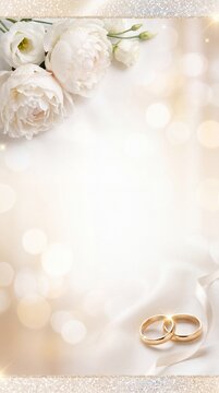 Elegant wedding background with gold rings, white peonies, silk fabric, and sparkling warm bokeh