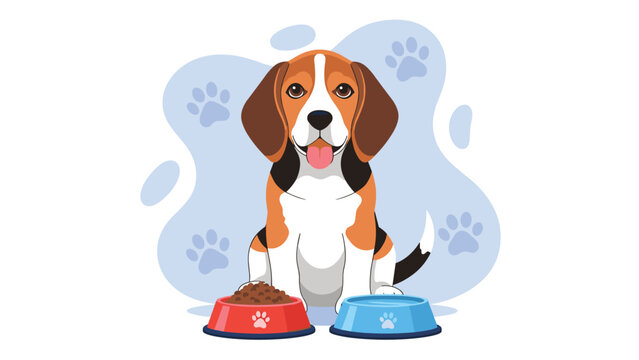 Adorable beagle dog sits happily between two colorful bowls containing dry kibble food and fresh drinking water.