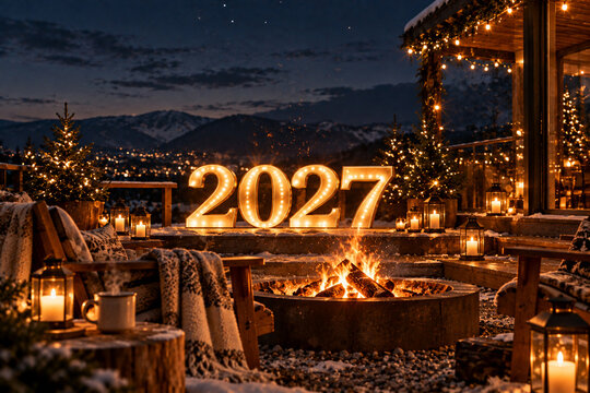 Elegant Golden 2027 New Year Celebration with Fireworks and City Lights