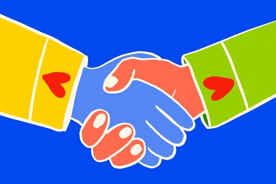 Handshake with heart symbols representing love and connection