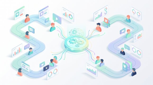 Isometric Customer Journey Infographic with Central AI Processor
