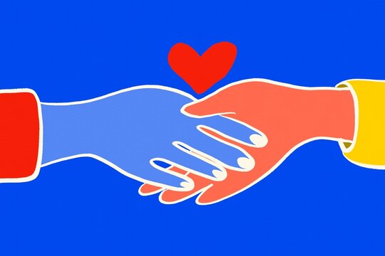 Diverse hands connect beneath heart on blue background