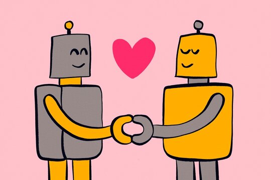 Cute robot couple holding hands beneath a heart