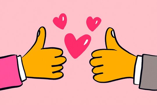 Thumbs up hands with hearts for Valentine's Day love