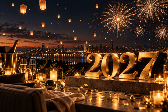 Elegant Golden 2027 New Year Celebration with Fireworks and City Lights