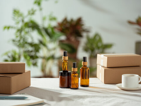 Small business packaging and skincare products arranged on a desk