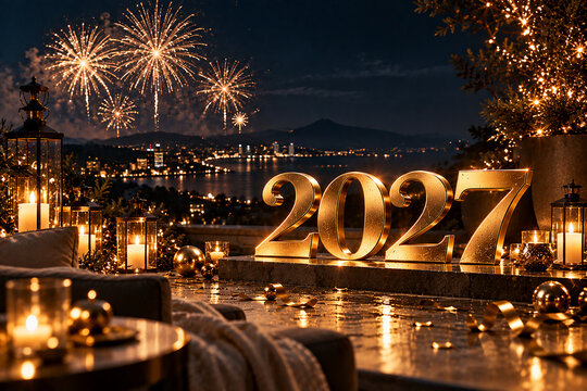 Elegant Golden 2027 New Year Celebration with Fireworks and City Lights