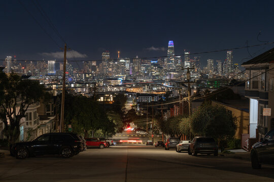 San Francisco downtown from a steep residential street at night