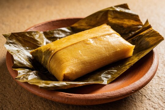 Traditional Colombian tamale wrapped in green steamed banana leaves. Authentic Latino corn dough food with meat served on rustic clay plate. Homemade ethnic dish for breakfast lunch in local kitchen.
