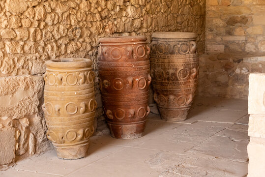 Knossos, Greece - September 7, 2025 - Classical Minoan Vases in Close-Up at the Minoan Palace