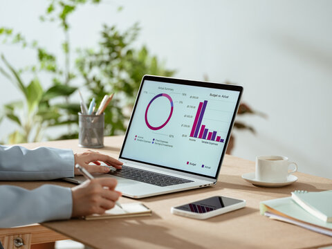 Analyzing financial data on a laptop with charts and graphs