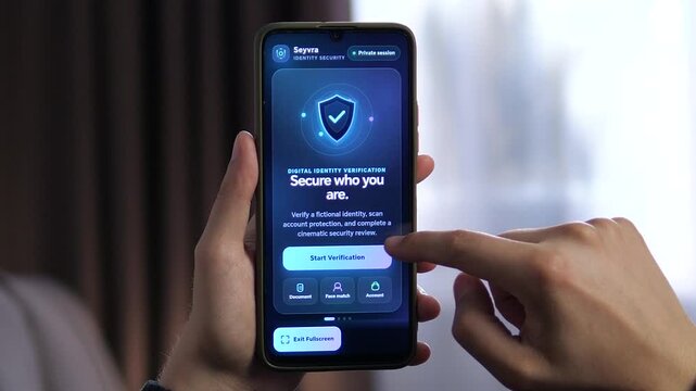 Person starts digital identity verification on a smartphone, highlighting secure onboarding, document checks, biometric authentication and protection of online accounts.