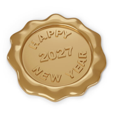 Sealing wax with 2027 happy new year text isolated on white background. 3d illustration.