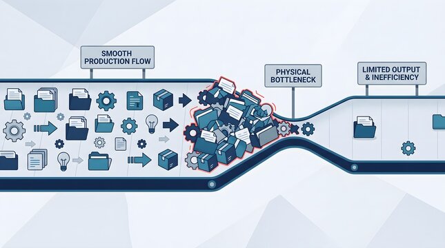 Production Pipeline Bottleneck Illustration Showing Workflow Obstruction and Inefficiency in Business Process Management