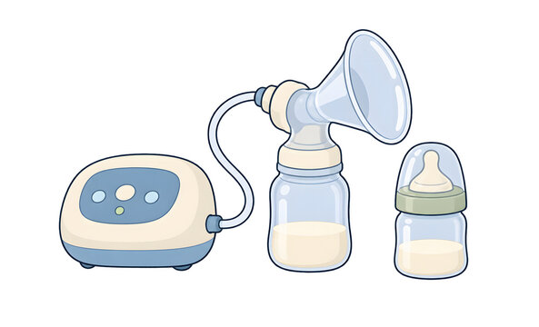 Electric breast pump with breast shield, tubing, milk collection bottle, and capped baby bottle on a transparent background