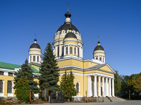 View on the ancient Transfiguration Cathedral in the historical center of Rybinsk, Yaroslavl region