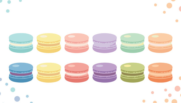 Delightful collection of twelve colorful macarons in various flavors and pastel shades arranged in two neat rows on a white background.