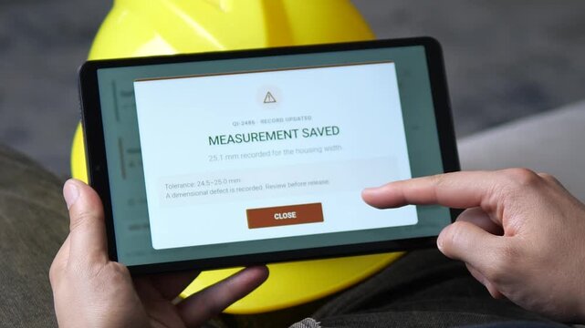Worker records an out-of-tolerance measurement on a tablet, highlighting digital metrology, defect detection and precision quality control in modern manufacturing.