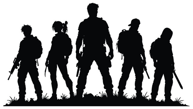 Silhouette of five people with backpacks against a white background