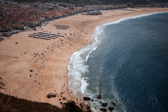 Aerial view of Nazare beach on the Atlantic Ocean
