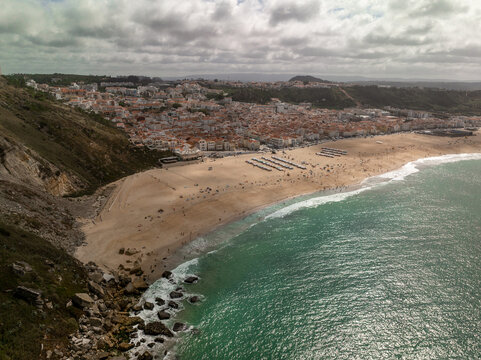 Aerial view of Nazare beach on the Atlantic Ocean