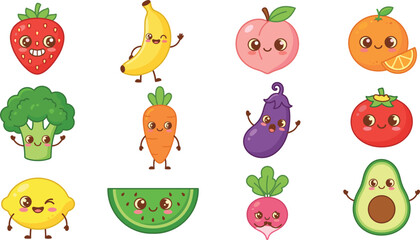 Obraz premium Cute Kawaii Fruit and Vegetable Characters Collection with Smiling Faces Big Anime Eyes Arms and Legs for Kids Nutrition and Healthy Diet Designs