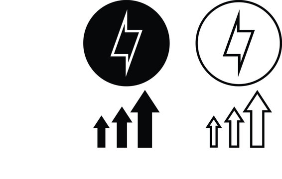 Power growth icon set vector with lightning bolt and upward arrows symbol. High energy consumption and electric price inflation concept. Black solid circle and line lightning 

