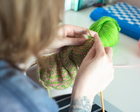 Close up of a knitting project