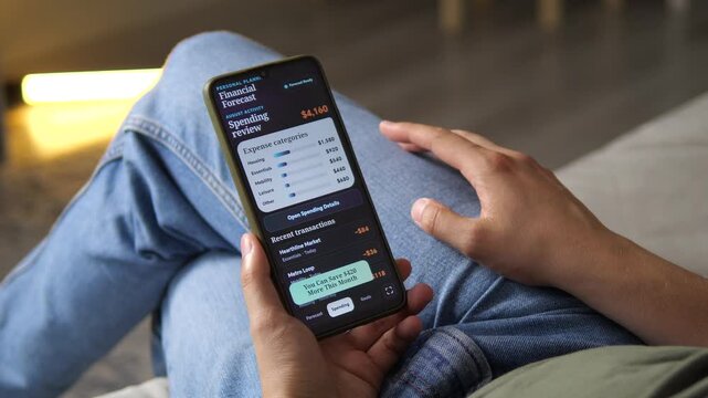 Person reviews spending categories and recent transactions on a smartphone financial forecast app, highlighting personal budgeting, expense tracking and smarter money management.