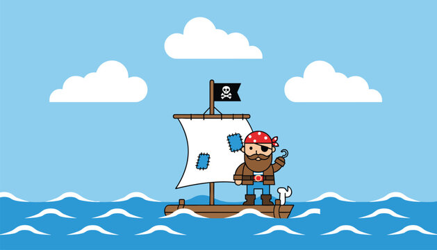 Adorable cartoon pirate captain with an eye patch and a hook sails on a small wooden raft across the blue ocean.