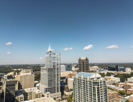 Aerial panoramic view of the downtown Raleigh NC skyline with high-rise luxury condos and apartments