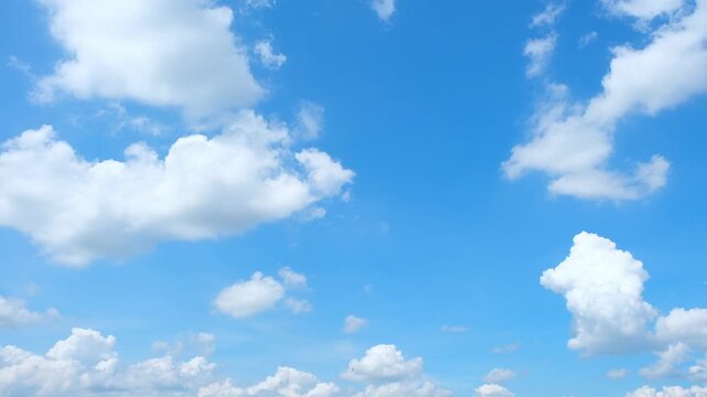 A blue sky cloud timelapse video captures scattered white cumulus clouds drifting and developing across a brilliant azure sky, with sunlit edges, gentle winds, and bright tropical daytime weather. 4k.