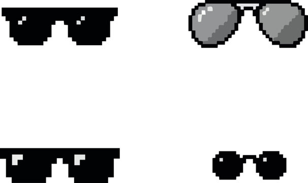 Created Pixel glasses. Thug life sunglasses meme, like a Boss. Comic 8 bit pixelated black gangster accessory icons. Cartoon 16 bit rapper eyeglasses. Network joke emoticon. Vector set on white 