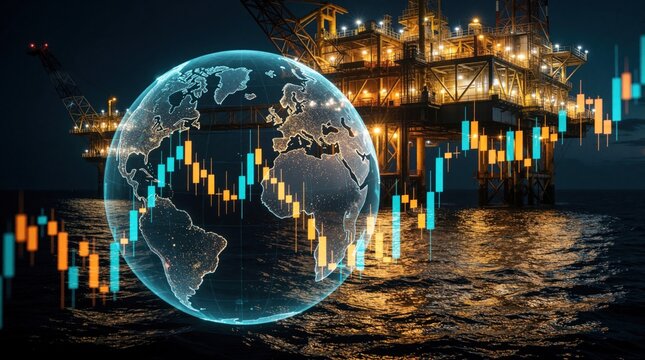 Digital globe with financial candlestick chart overlay near offshore oil rig at night. Glowing blue world map shows global trade data. Energy market fluctuations, crude oil price volatility impact