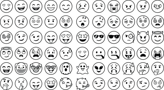 Comprehensive set of hand drawn emoji representing various facial expressions and emotions in black lines on a white background