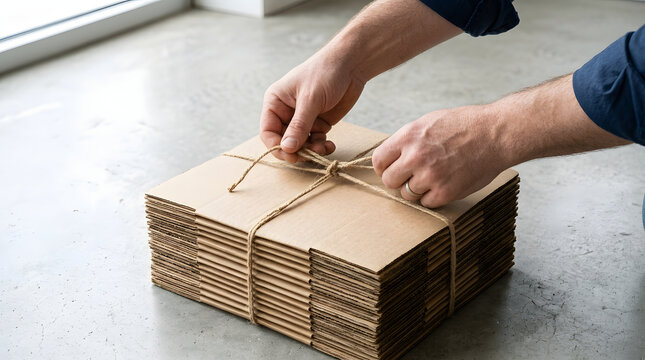 Cardboard sheets tied together with rough twine on a smooth concrete floor in a minimalist industrial workshop.