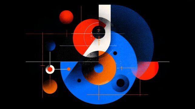 Abstract geometric bauhaus overlay background with textured vintage circles arcs lines and modern graphic design composition